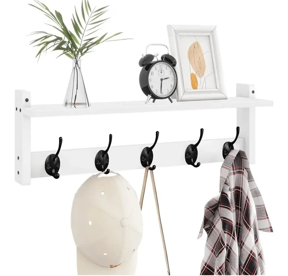 Wall Mount Coat Rack with Shelf 5 Hooks for Coats Backpacks Keys, White